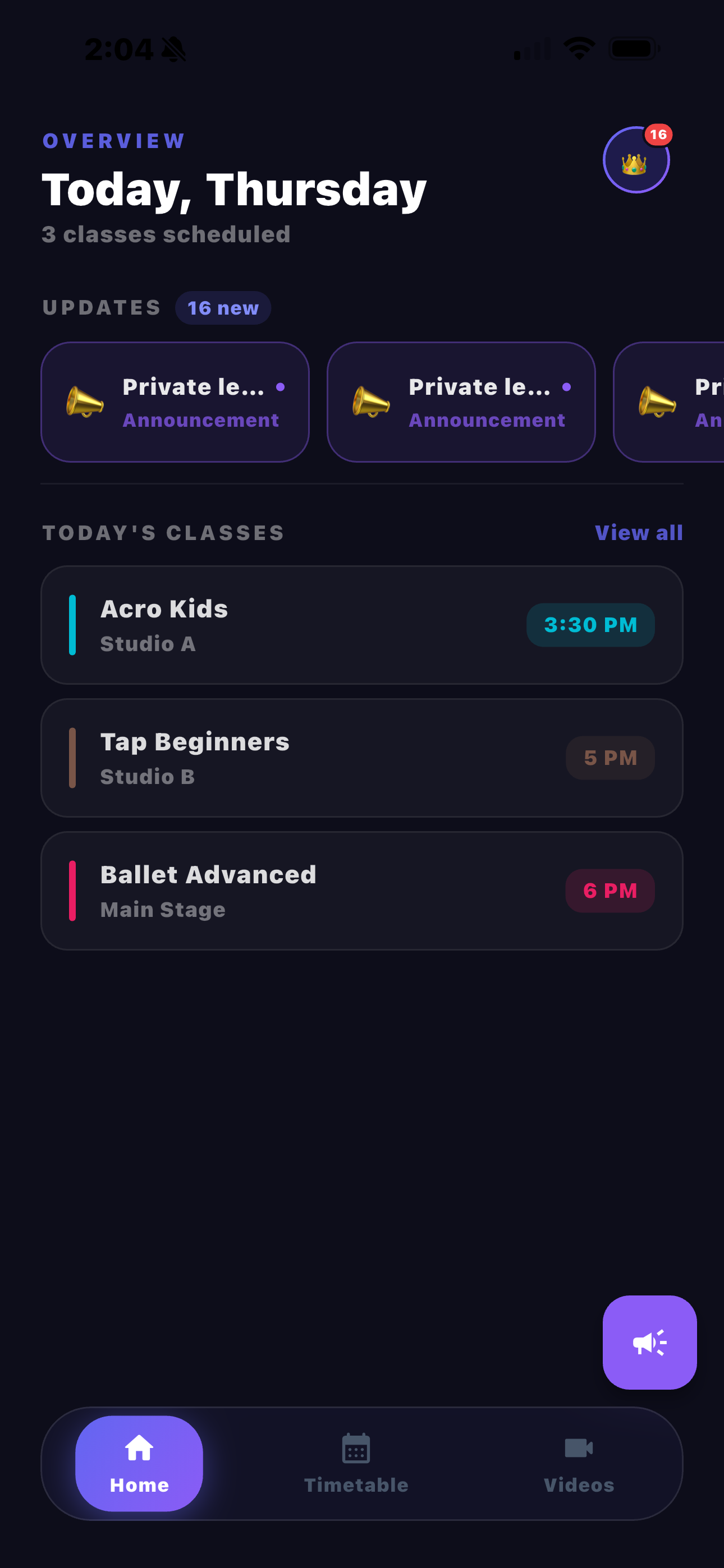 Home feed showing announcements and recent videos