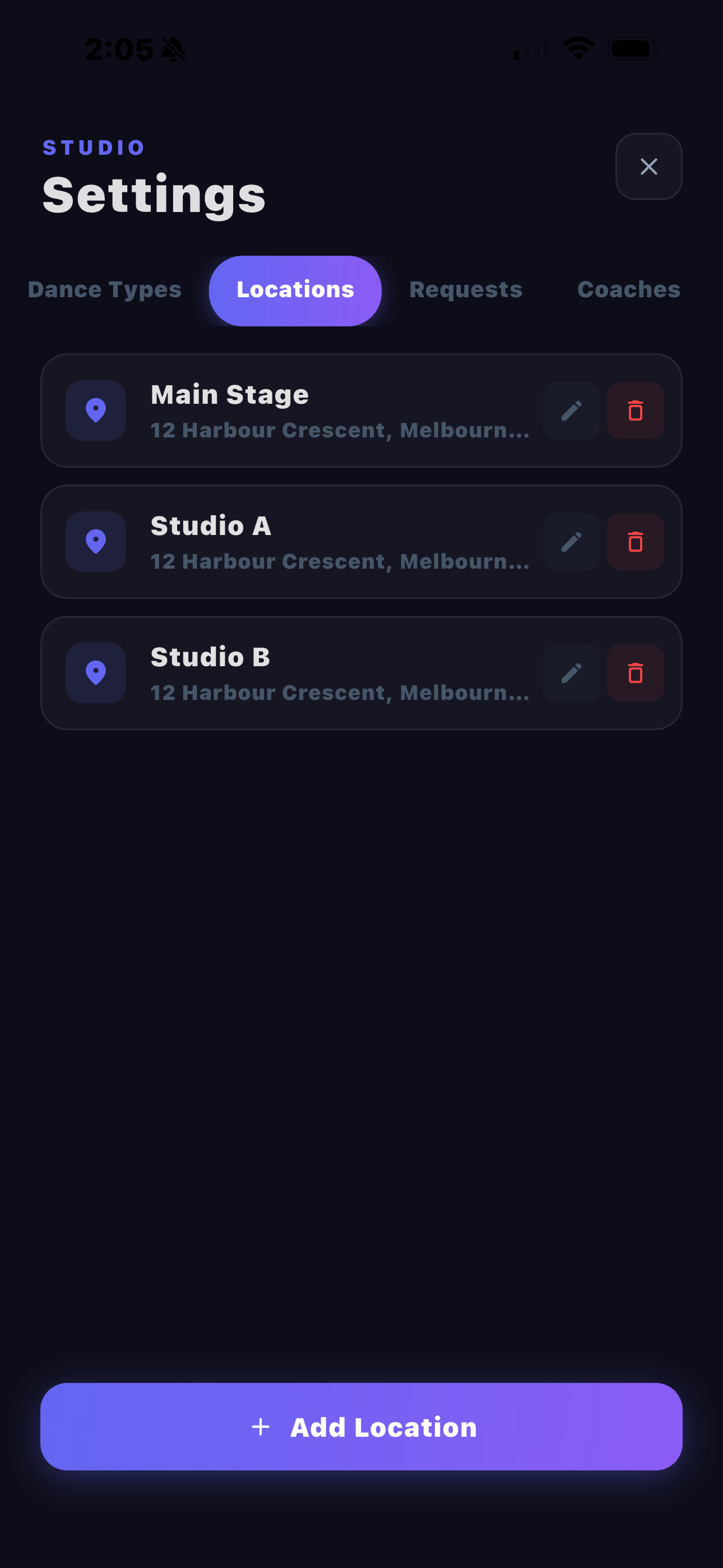 Studio management and coach settings