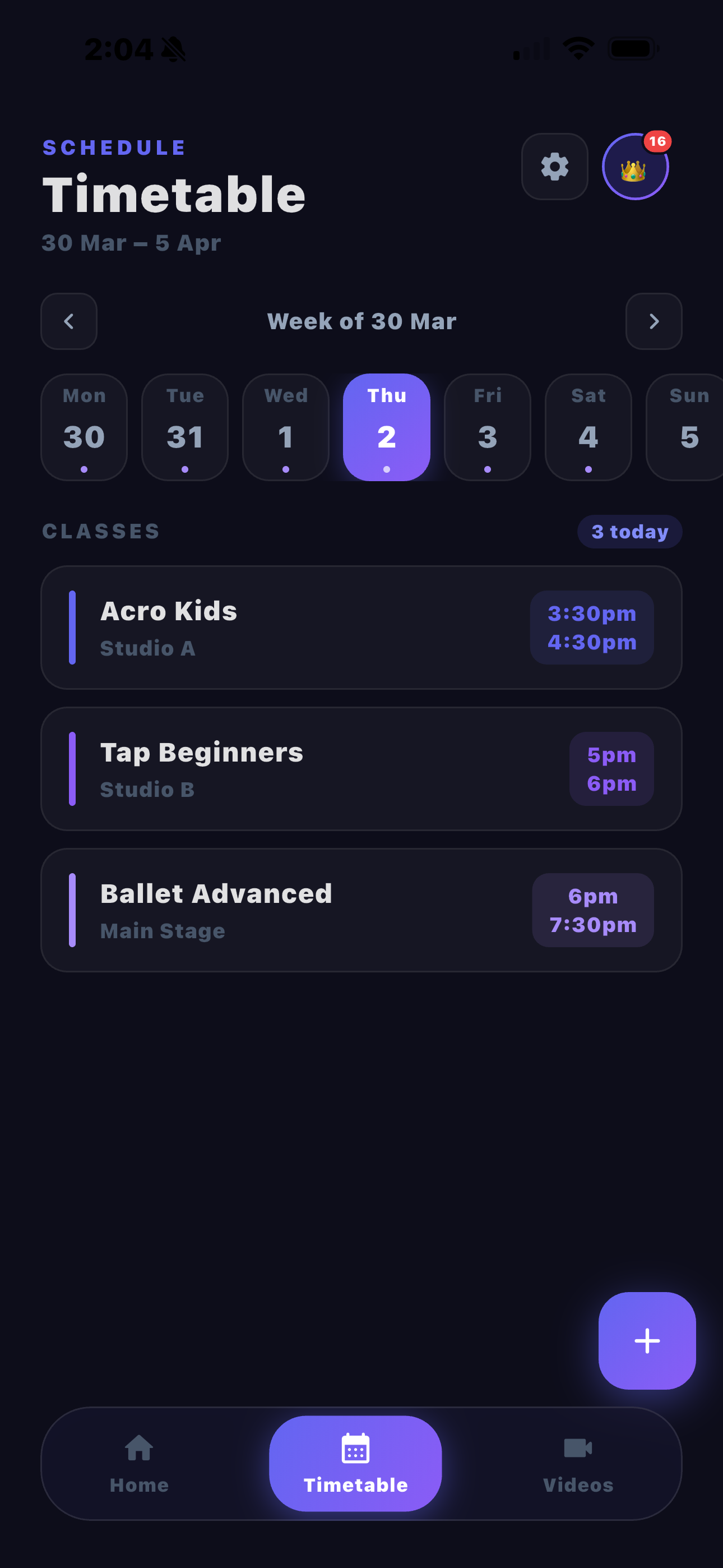 Weekly timetable view
